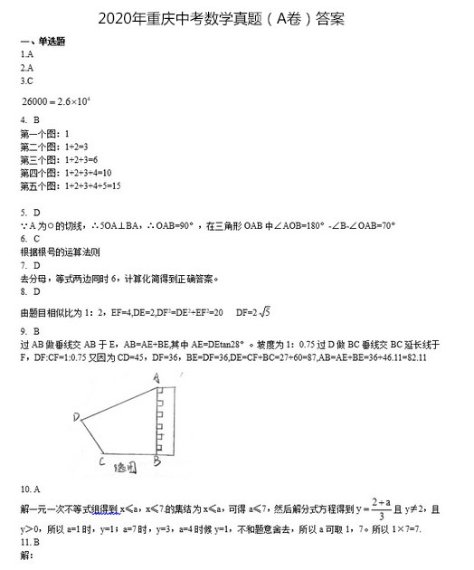 2020年重庆中考数学真题（
