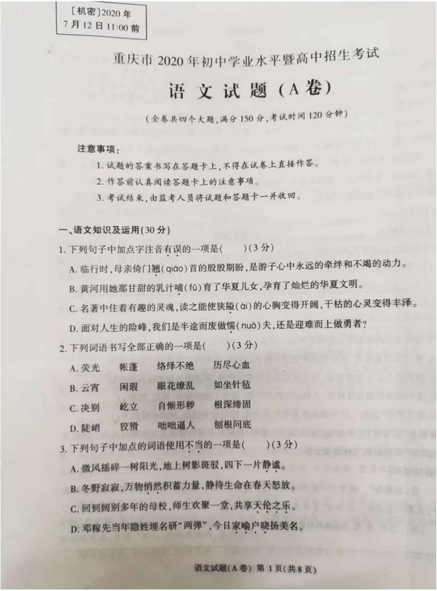 2020年重庆中考语文A卷（图片版含答案）